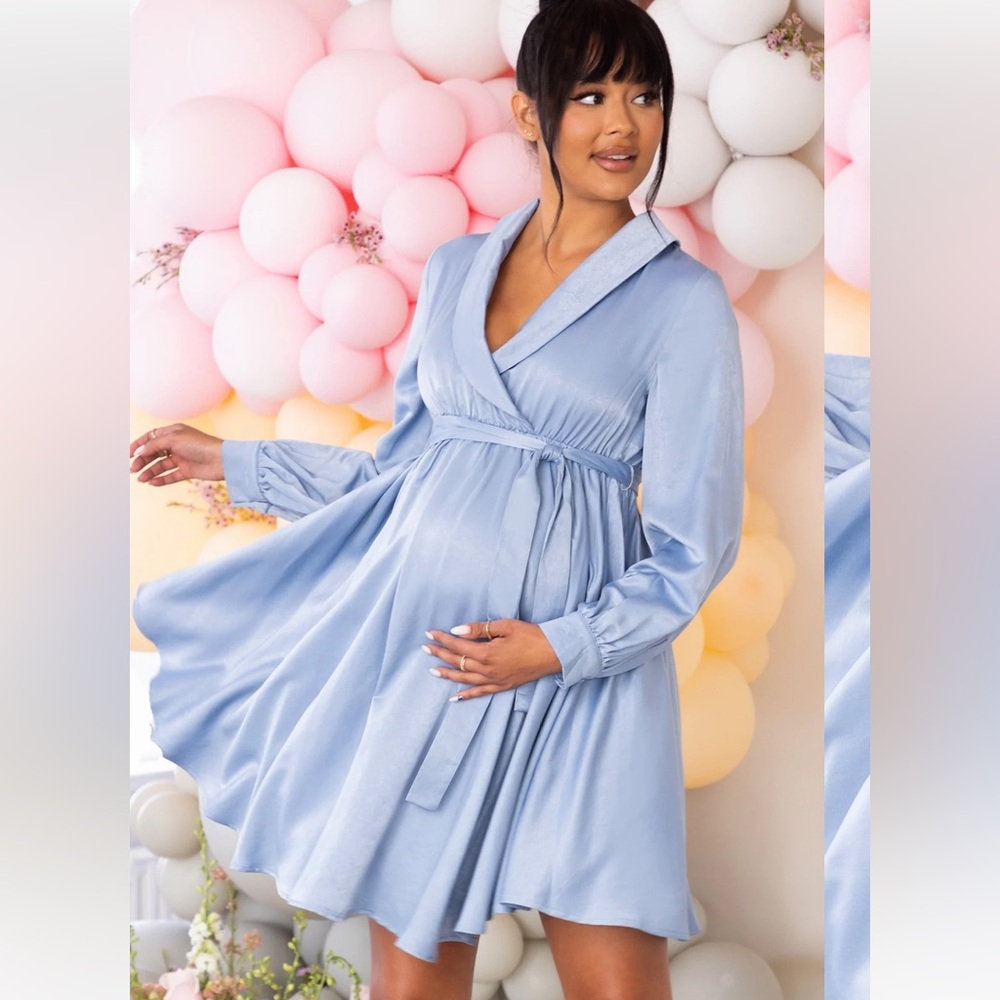 MATERNITY POWDER BLUE BELTED WRAP MINI DRESS